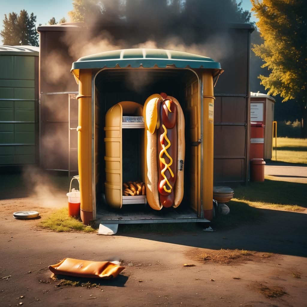 Giant Hot Dog in Porta-Potty: Cinematic Film Still