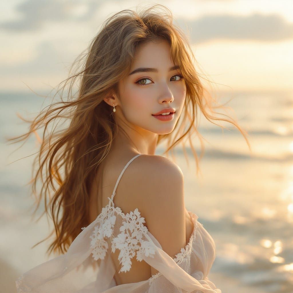 Sunset Serenity: Woman on Beach in Dreamy Style