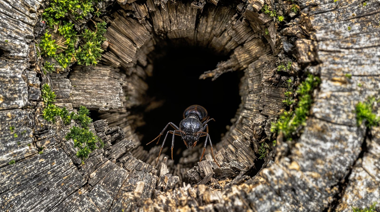 Vigilant Black Ant Guards Tunnel Entrance in Decaying Tree S...