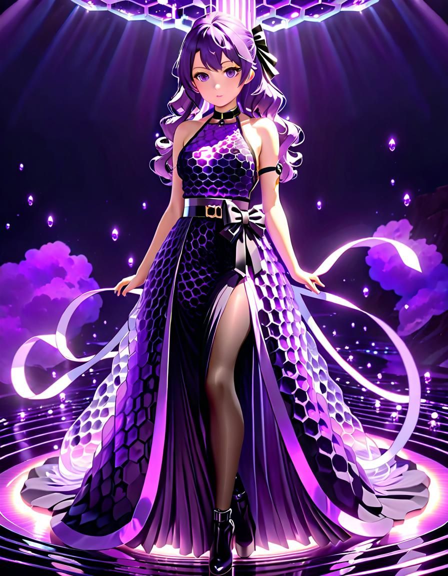 Glowing Purple Honeycomb Dress in 3D Anime Style