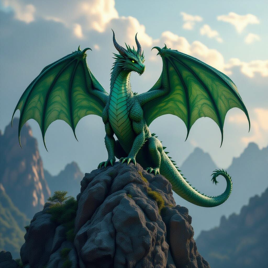 Emerald Dragon Perched on Tor, Cinematic Lighting