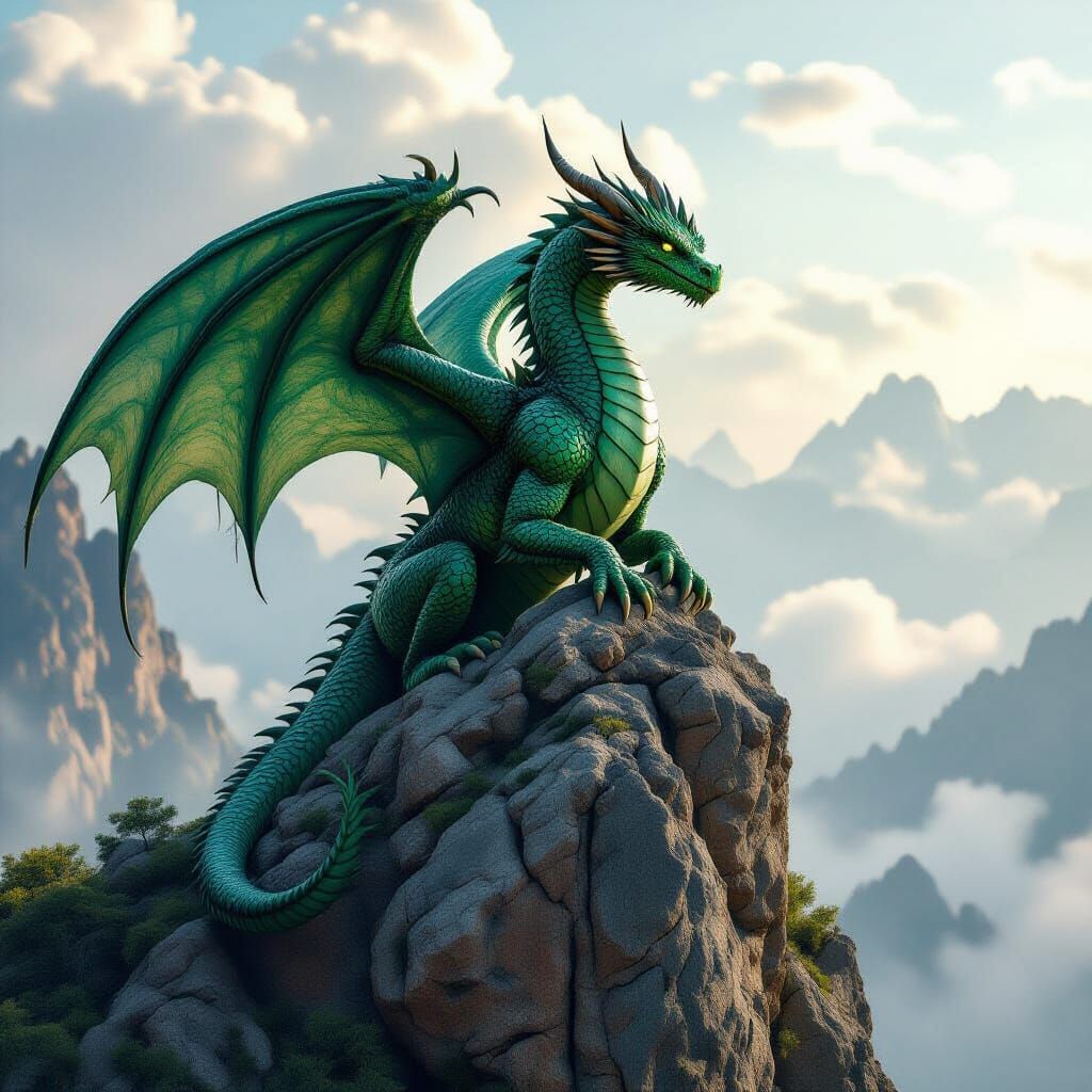 Emerald Dragon Perched Atop a Tor in Cinematic Style