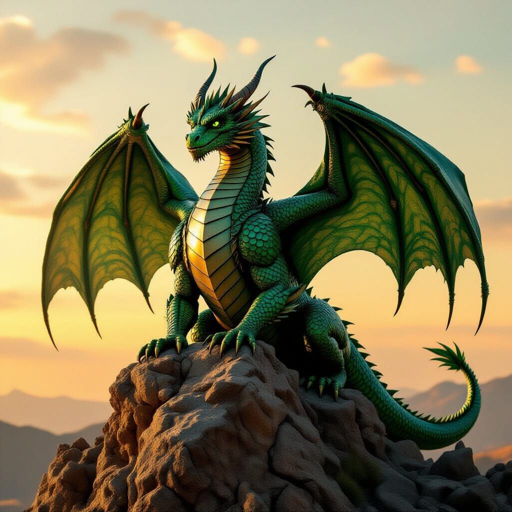 Emerald Dragon on Ancient Tor in Cinematic Style