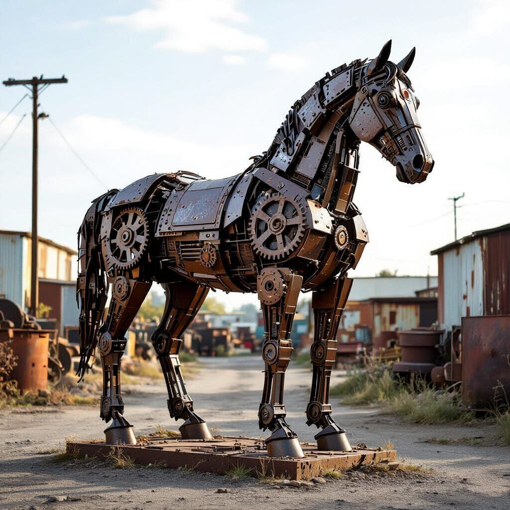 Majestic Scrap Metal Horse Sculpture in Junkyard