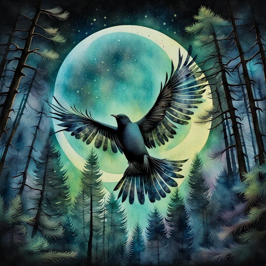 Mystic Bird Silhouette Over Forest in Watercolor Style