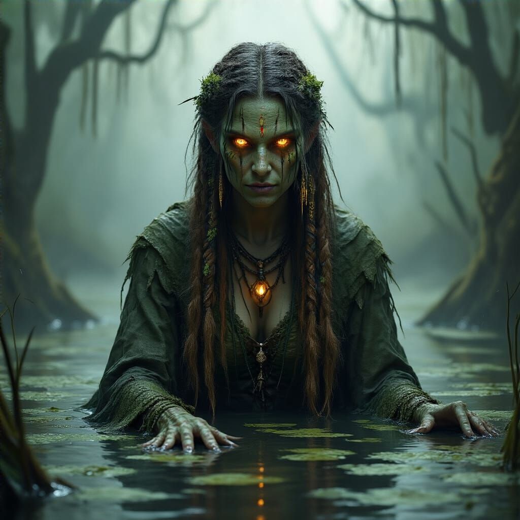 Swamp Witch with Glowing Eyes in Misty Swamp