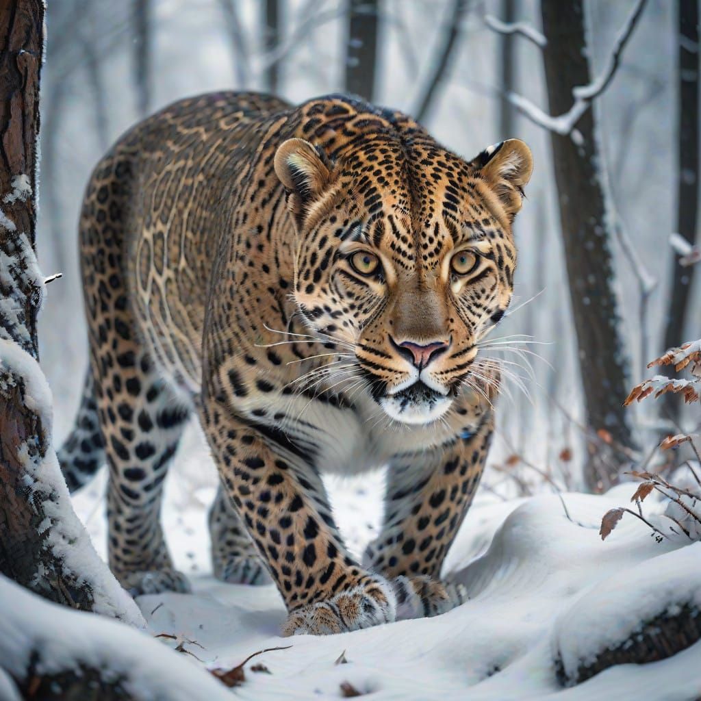 Surreal Winter Leopard Conquers Frosty Forest