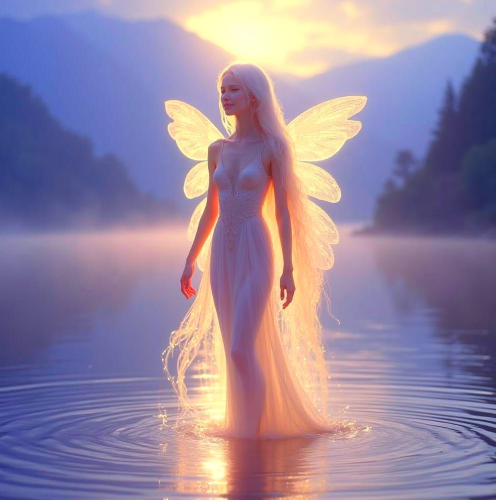 Ethereal Alien Maiden in Serene Lake Landscape
