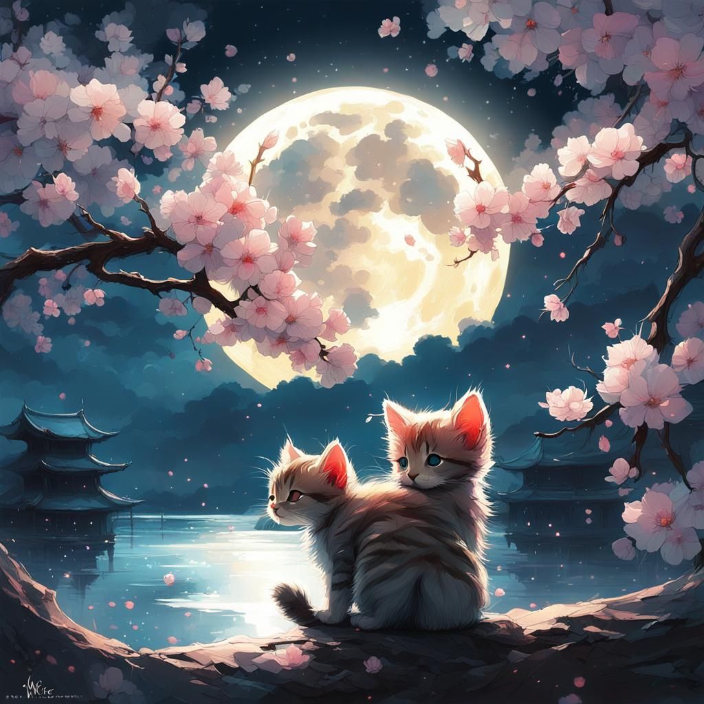 Moonlit Kitten Fantasy Illustration