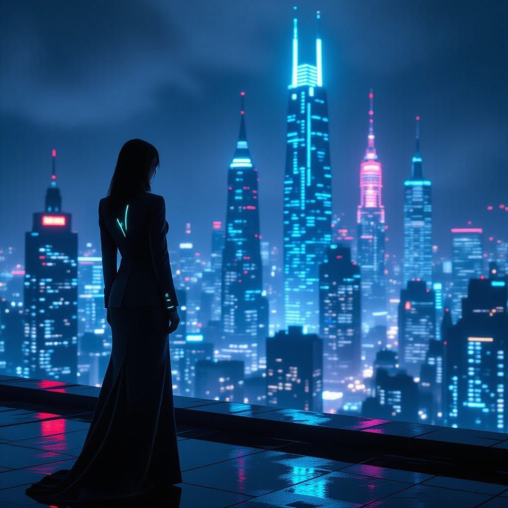 Cyberpunk Woman on Neon Rooftop in Futuristic City