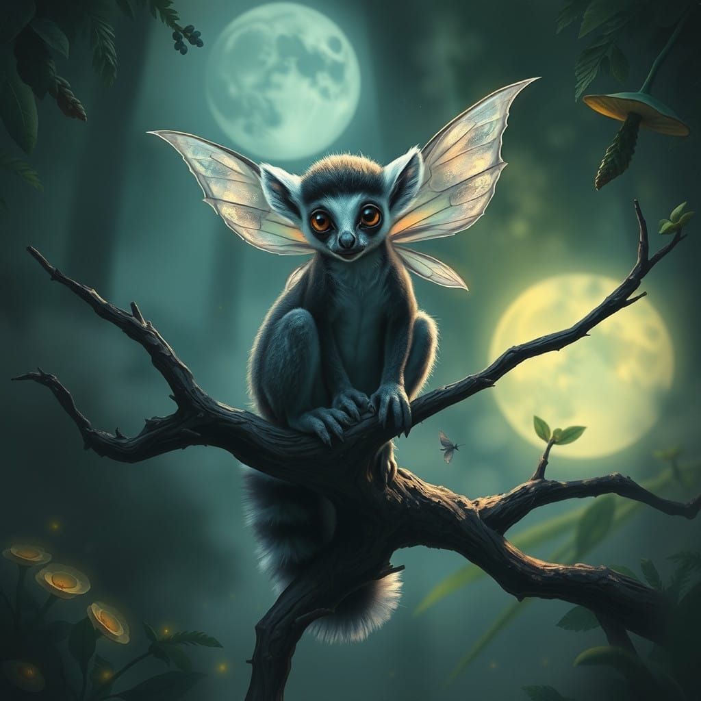 Ethereal Fairy Dragon Lemur in Moonlit Forest, Softly Brushe...