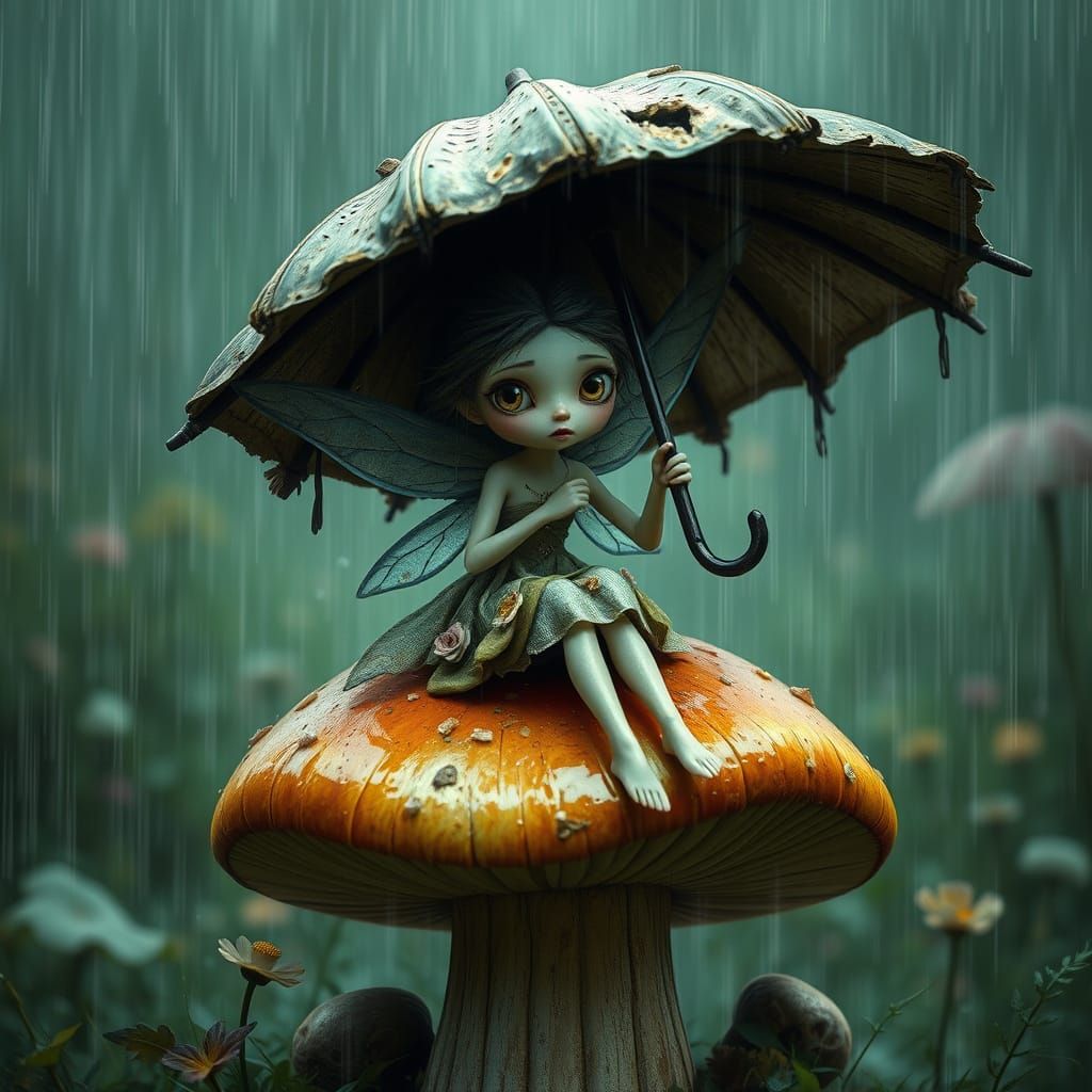 Fairy in Rain with Ruined Umbrella