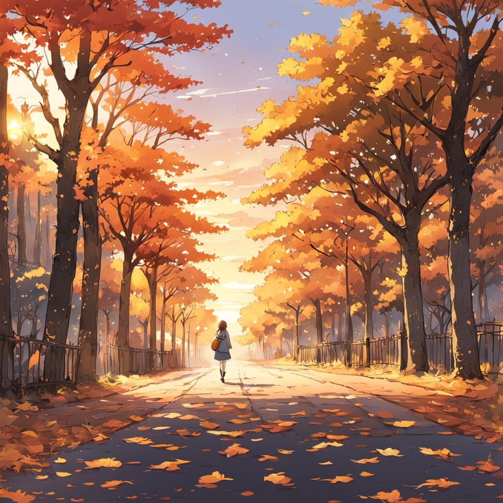 Anime Woman Walks Autumn Avenue at Sunset