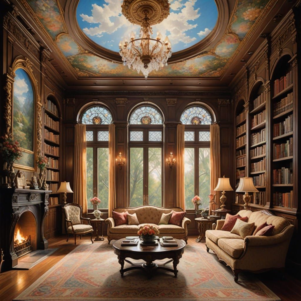 Elegant Victorian Library in Soft Golden Light