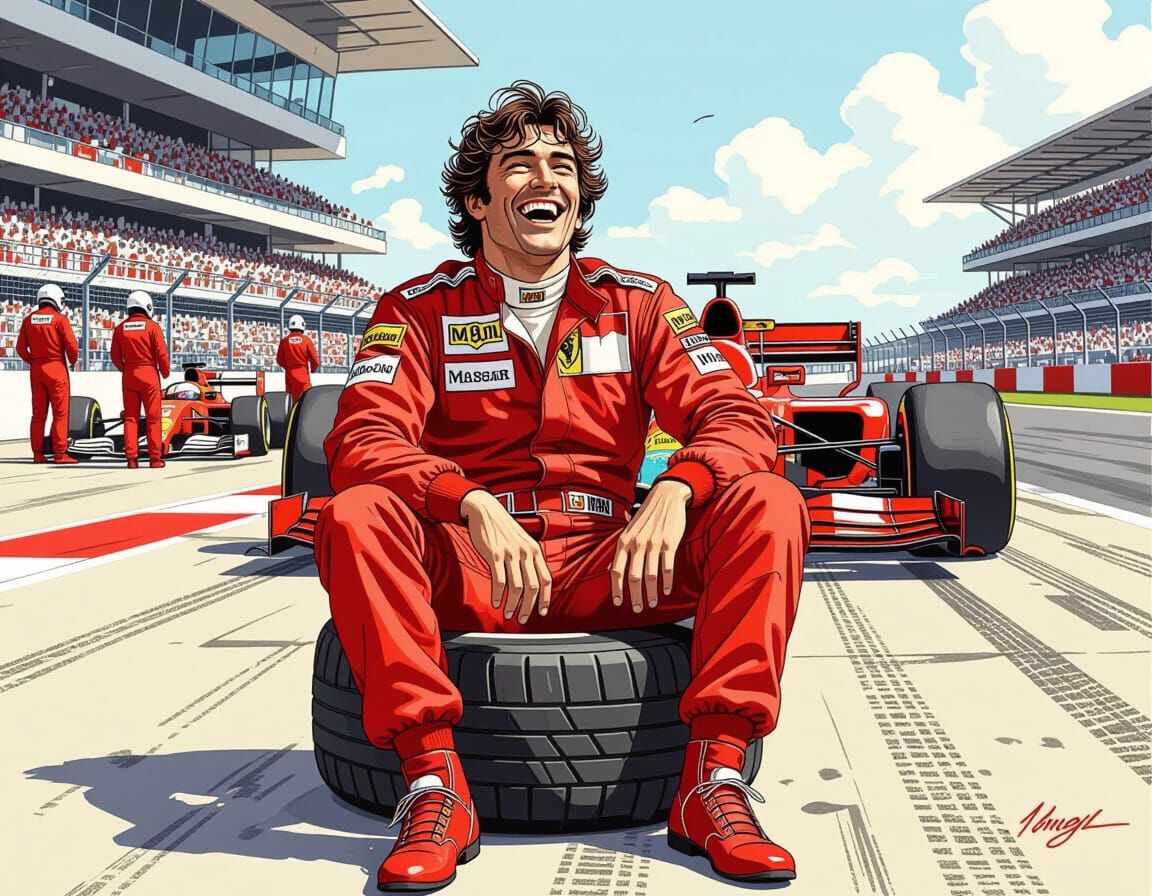 Formula One Driver Laughing in Paddock: Comic Style