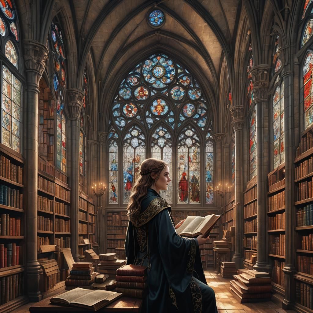 Gothic Library Interior with Stained Glass, Photorealistic