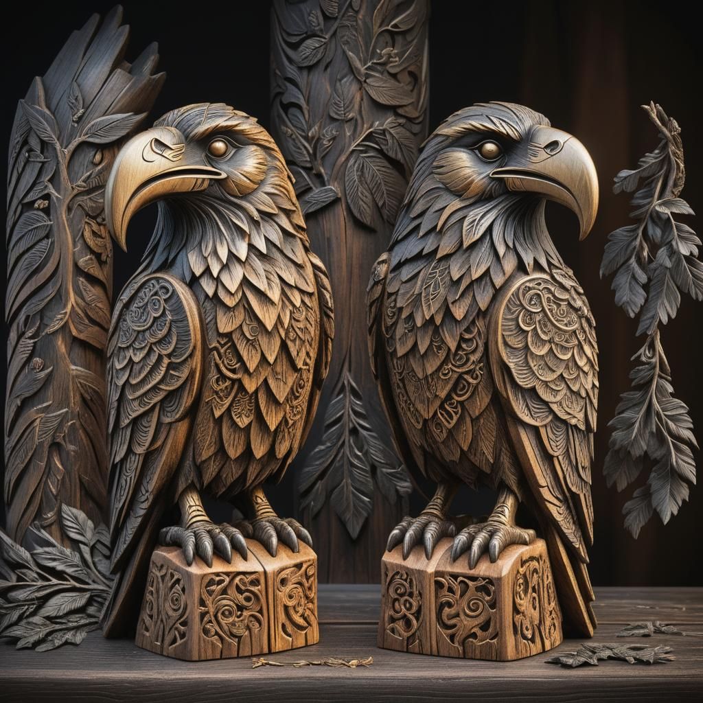 Intricate Norse Raven Wood Carving: Hunin and Munin