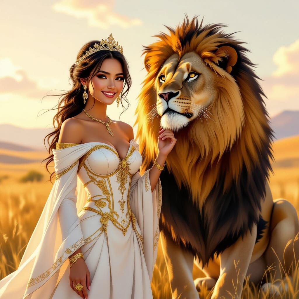 Golden Princess and Lion in Realistic Style