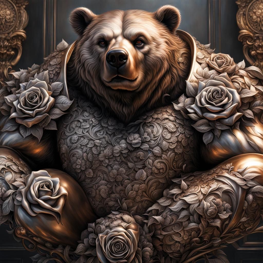 Hypermuscular Metal-Flower Bear with Iron Rose