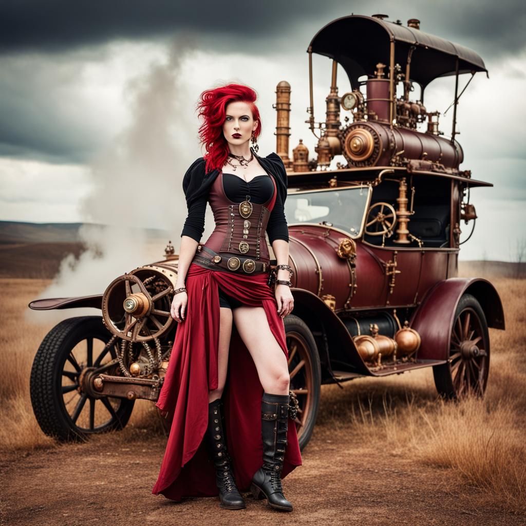 Steampunk Woman with Car in Steampunk Landscape