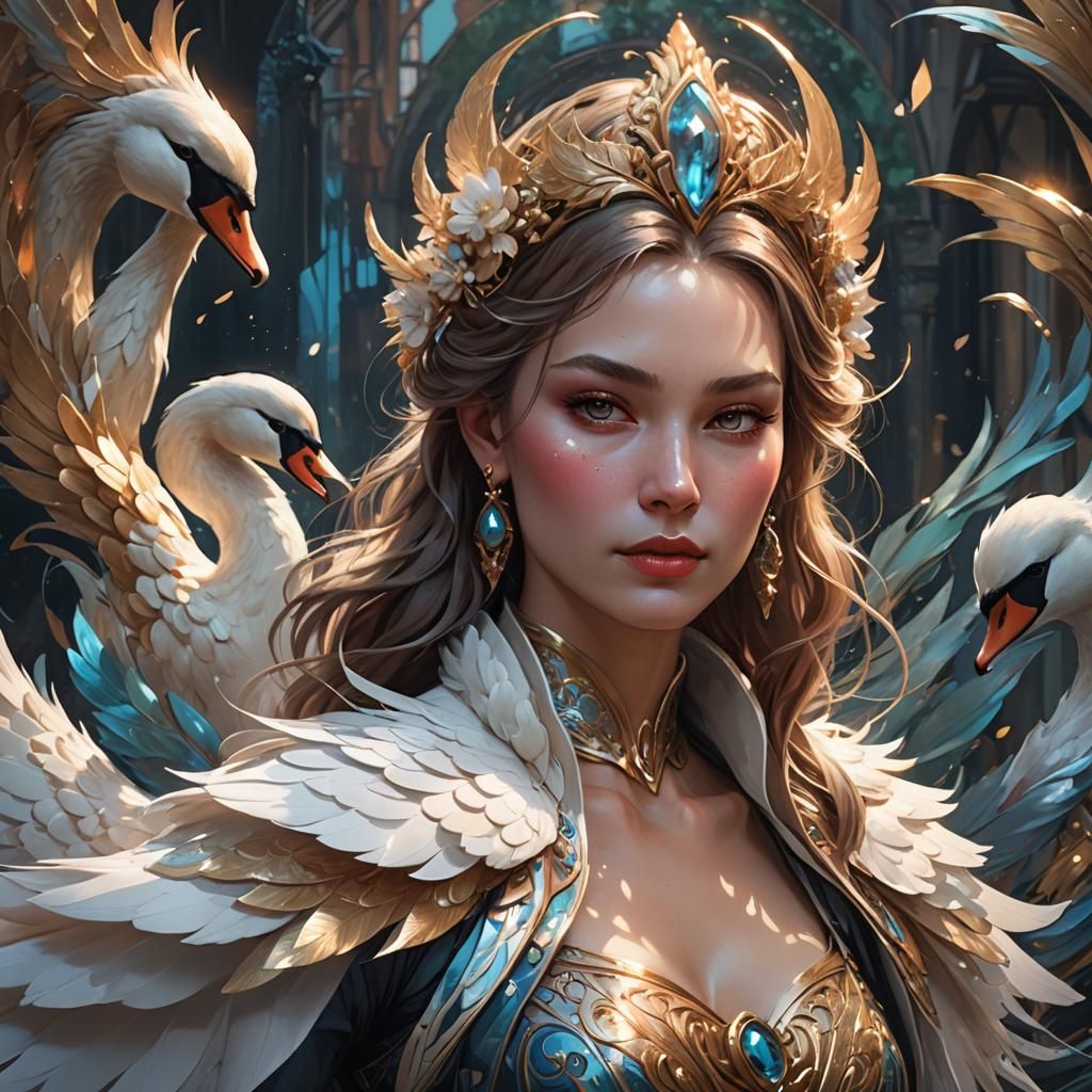 Detailed Swan Woman Portrait in Art Nouveau Style