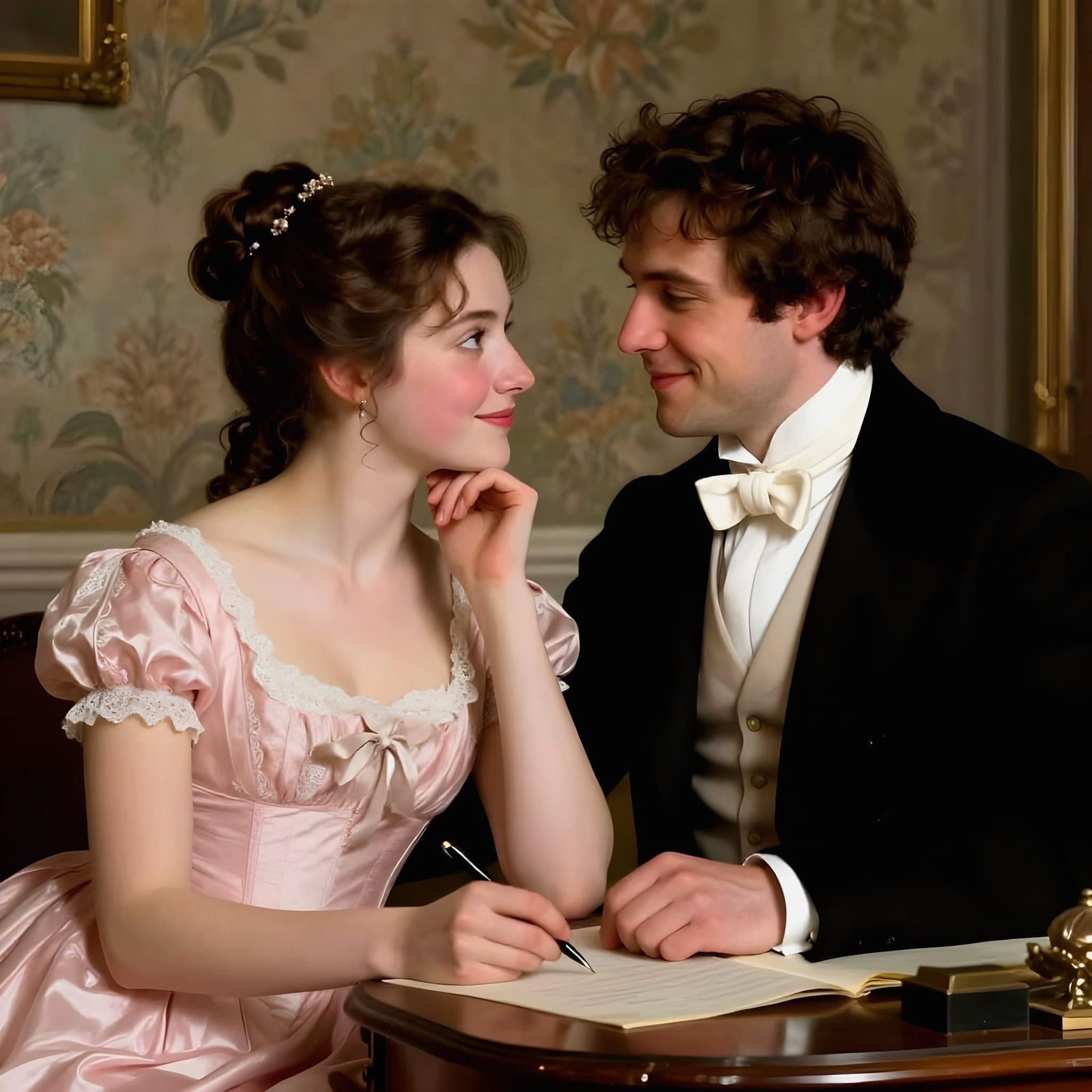 Romantic Regency Couple at Writing Desk