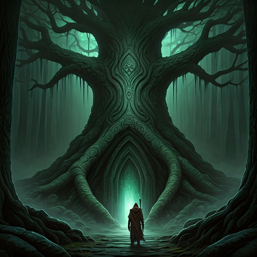 Hooded Figure in Eerie Forest, Dark Mythology Style
