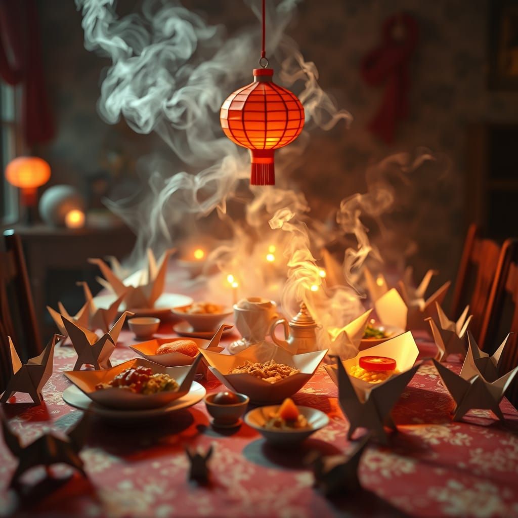 Magical Origami Feast with Luminous Vapors