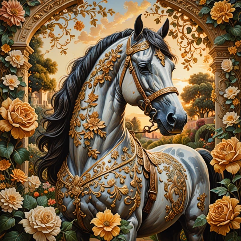 Elegant Baroque Horse Amidst Floral Motifs