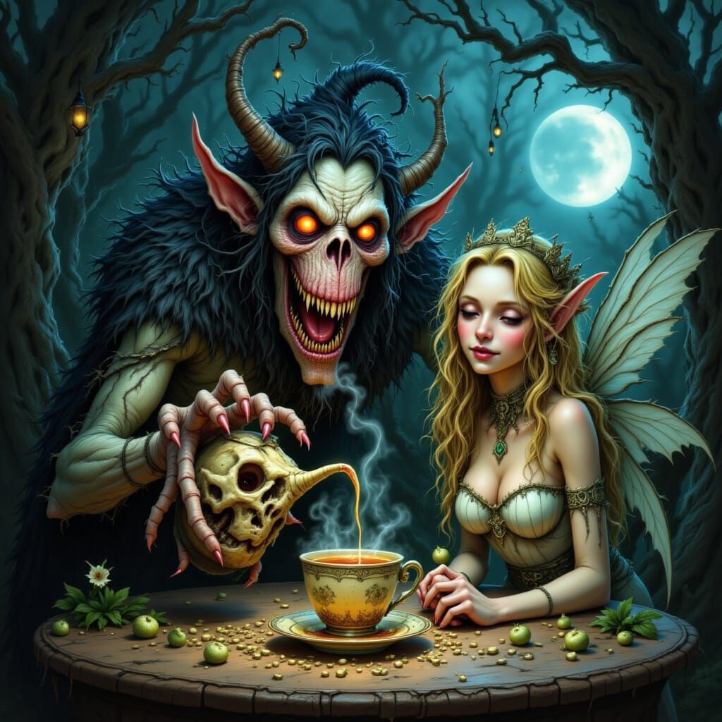 Demonic Elf Serves Tea to Ethereal Fairy in Moonlit Forest