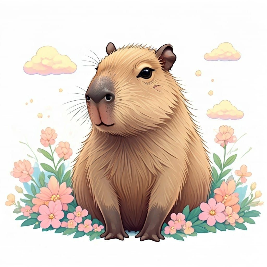 Kawaii Capybara Surrounded by Pastel Flowers