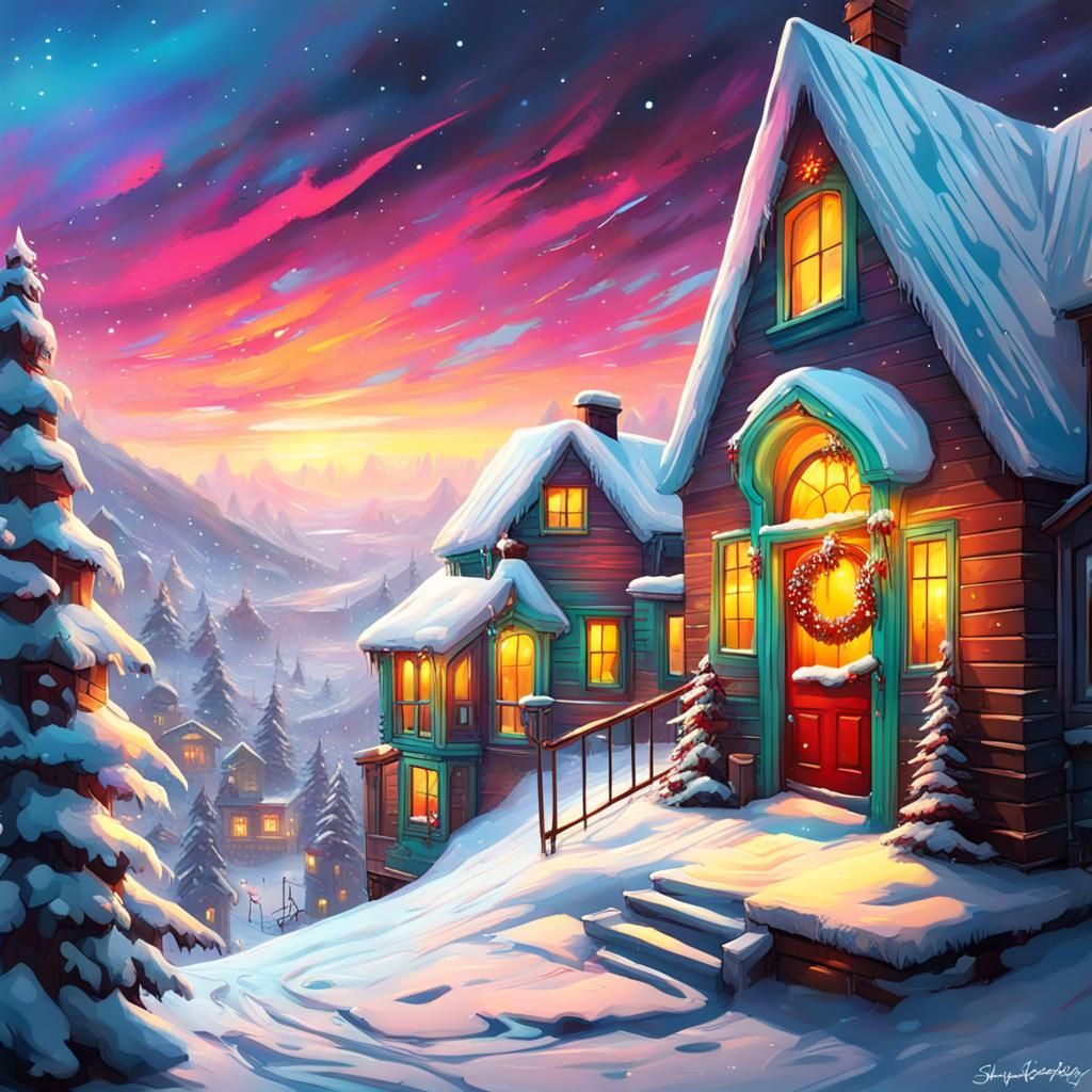 Magical Winter Christmas Home in Graffiti Art Style