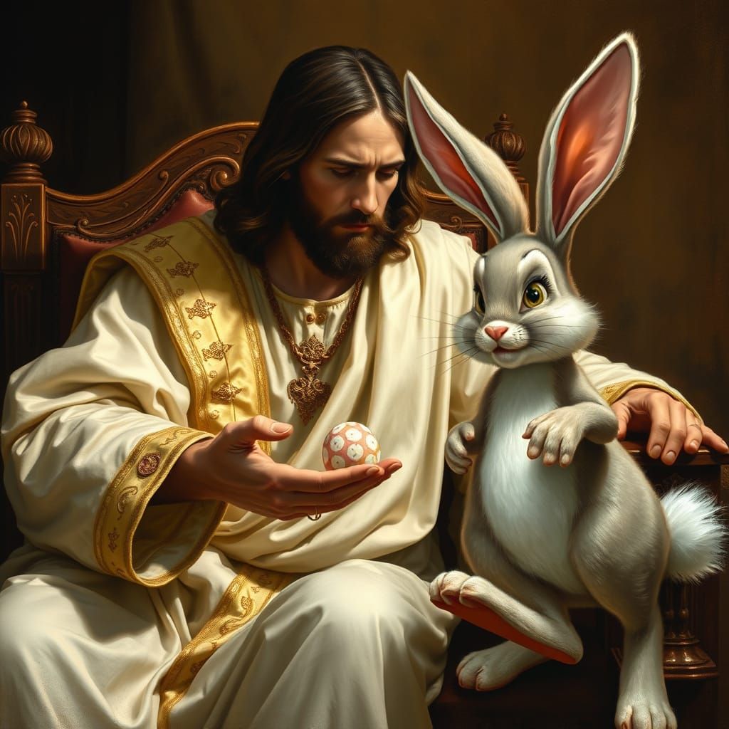 Bored Jesus Christ in Elegant White Robes, Surrounded by Whi...