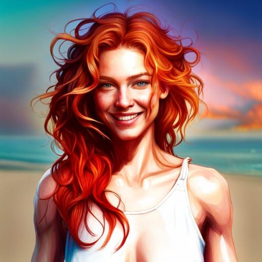 Smiling Redhead on Sandy Beach: 3D Digital Art