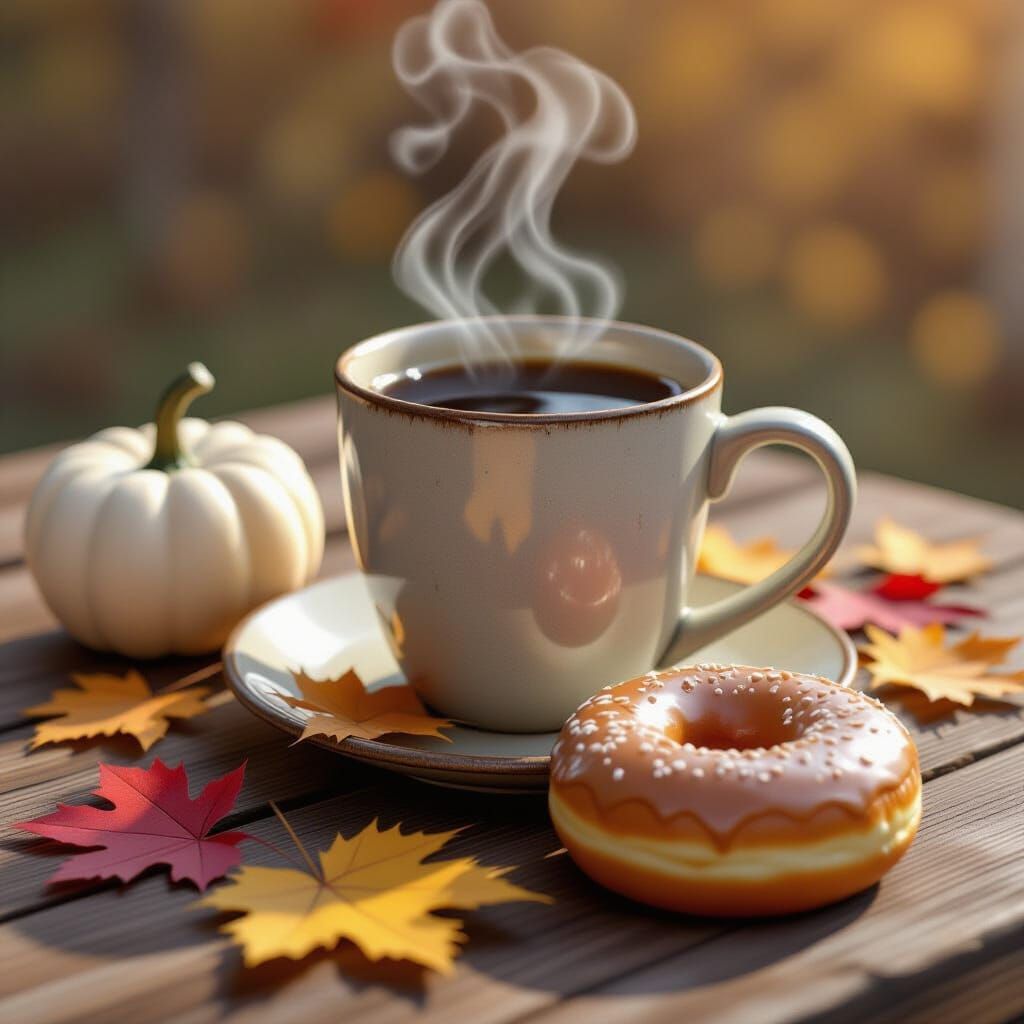 Hyper-Realistic Comic Illustration of Coffee and Autumn Deco...