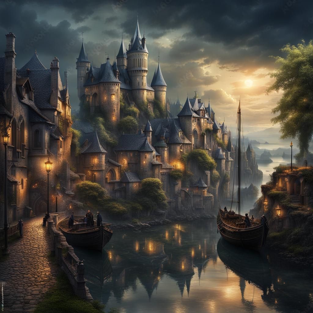 Dark Fantasy Medieval City on Lake Shore