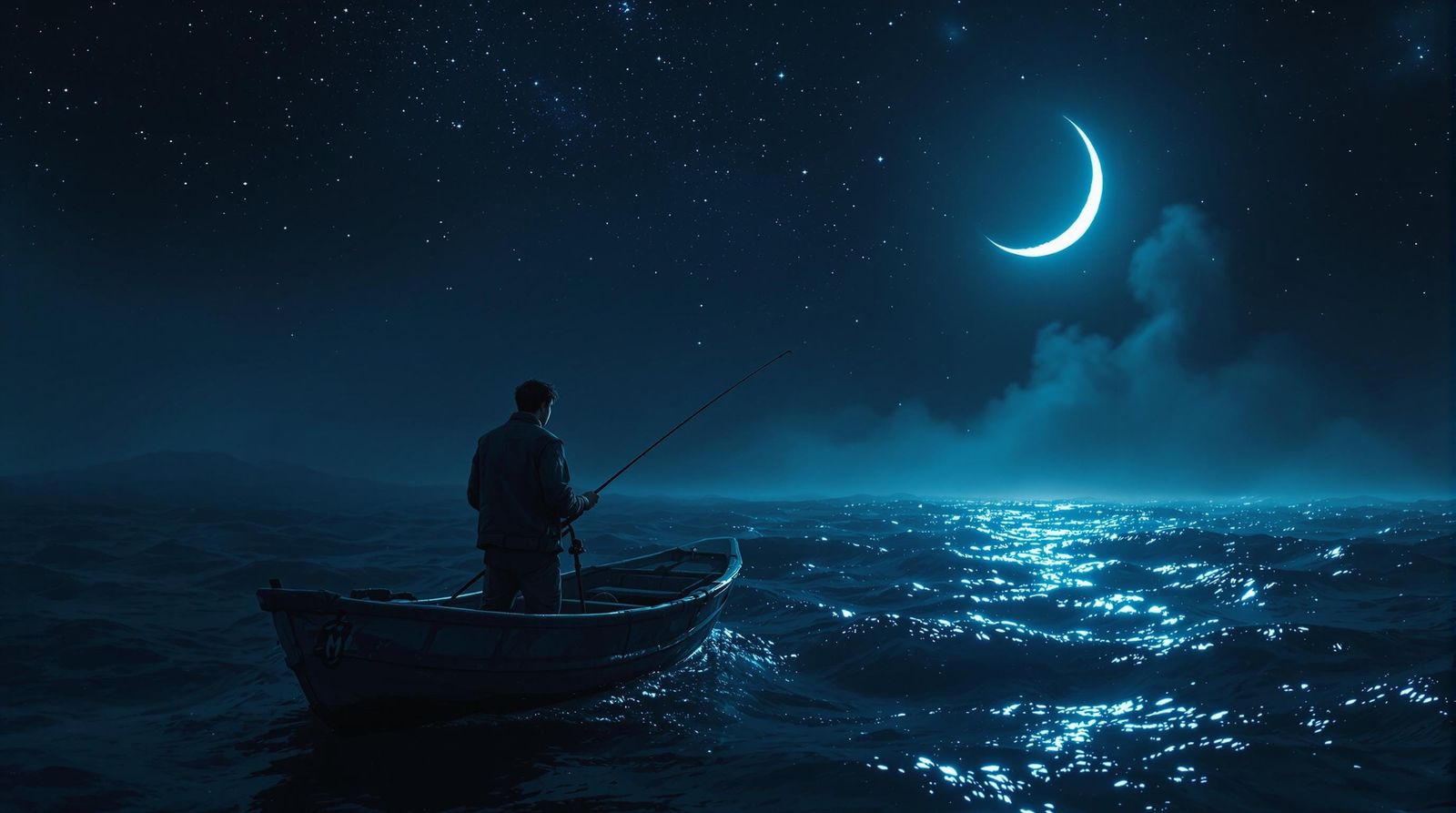 Mysterious Night Fisherman Under Celestial Skies