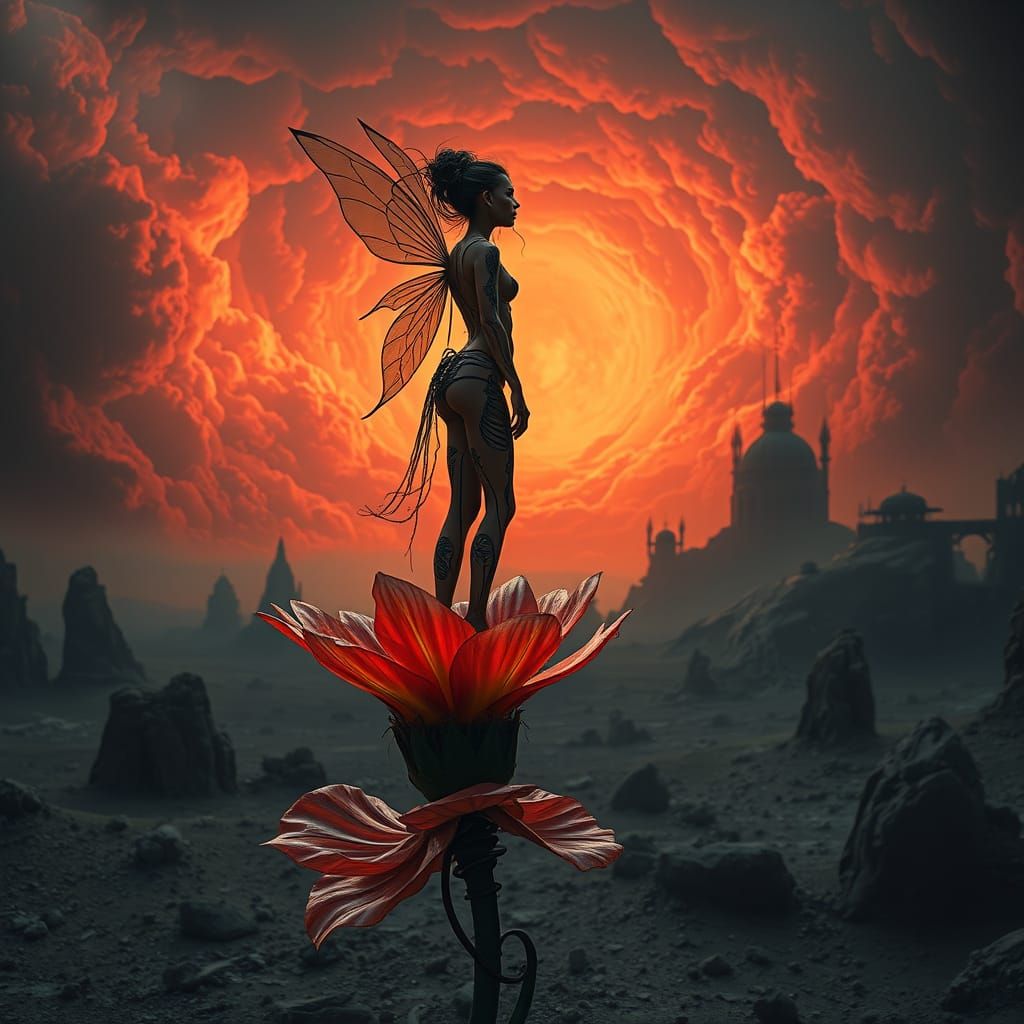 Fairy Amidst Apocalyptic Ruins in Surrealist Style