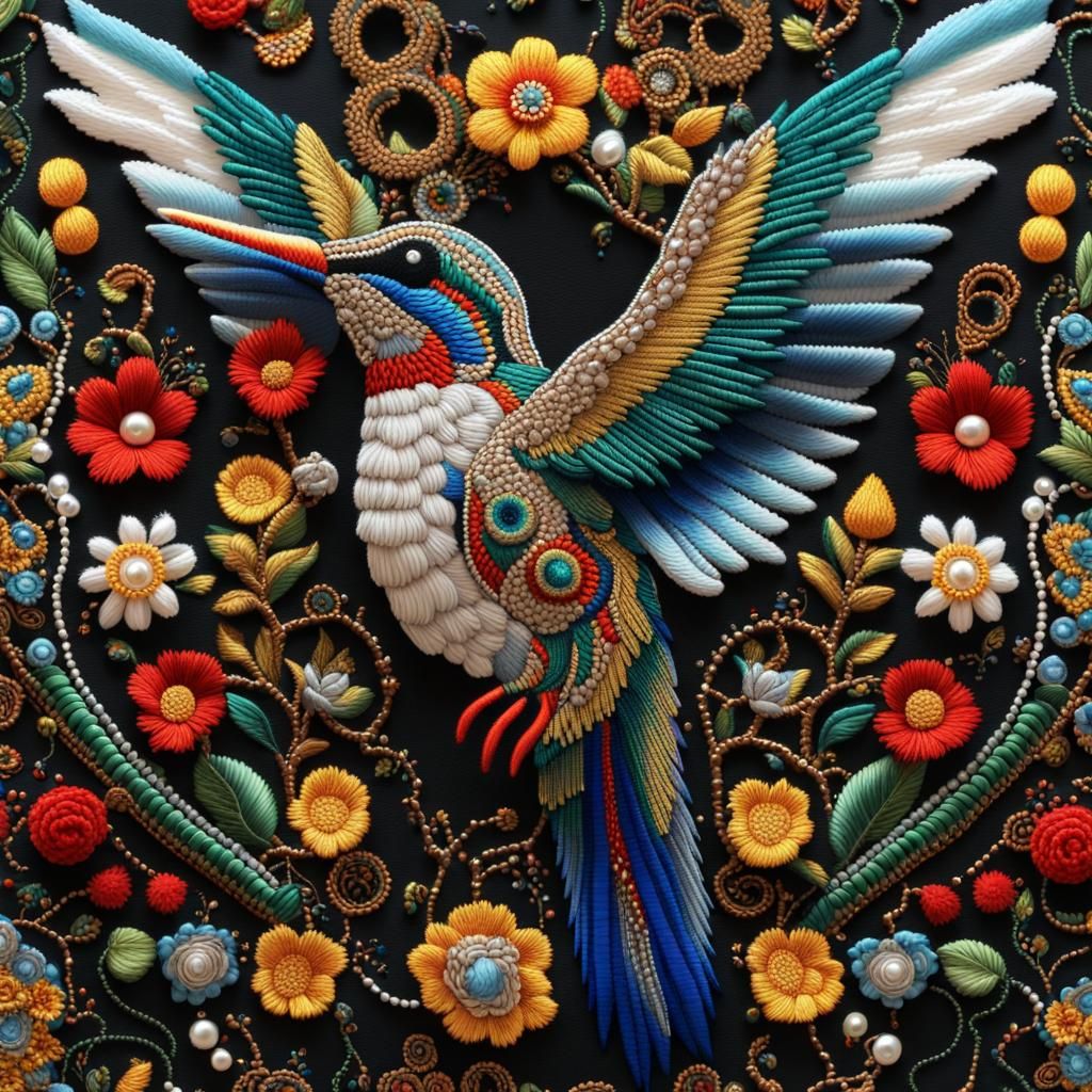 Hummingbird in 3D Embroidery with Huichol Elements