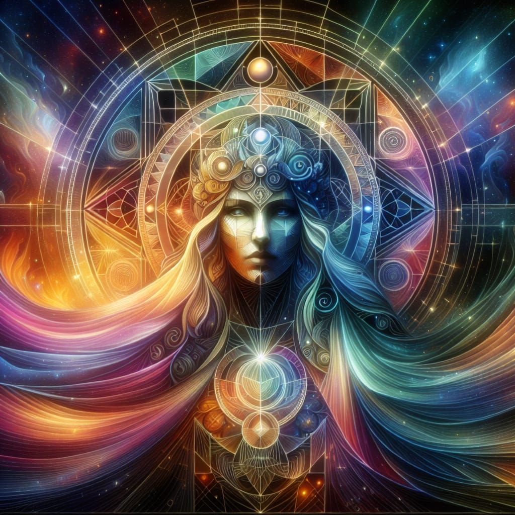 Geometric Norse Woman Portrait with Aurora Backdrop