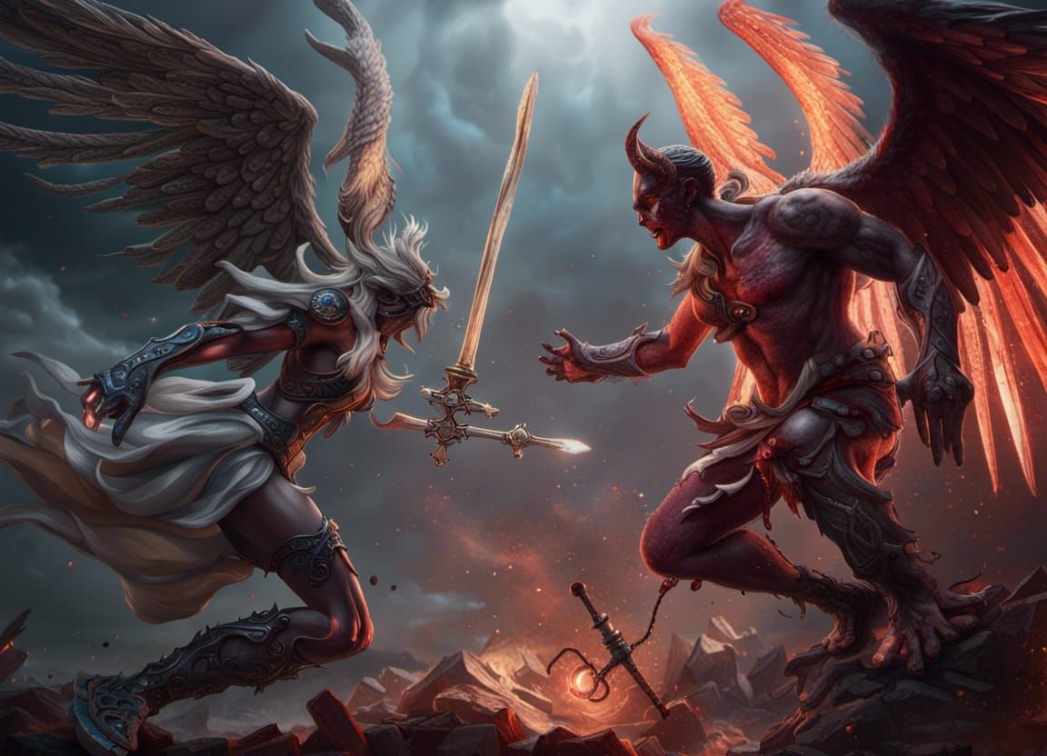 Angelic Battle: Angel Versus Demon in Detailed Matte Paintin...