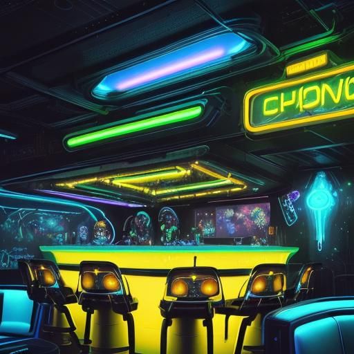 Futuristic Neon Cafe with Galaxy View, Hyperrealistic Art