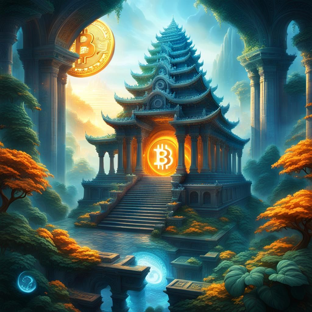 Glowing Bitcoin Symbol Emerges from Mystical Temple
