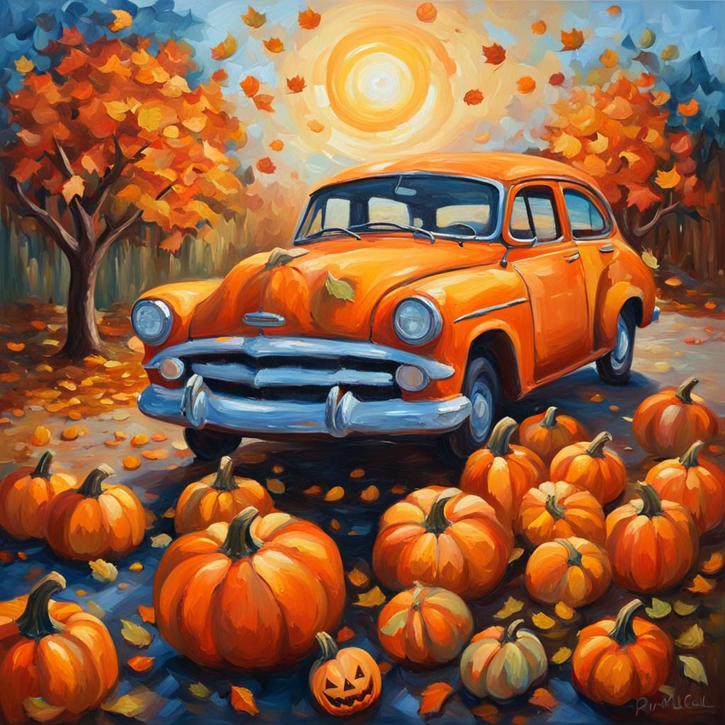 Halloween Car with Pumpkins in Oil Painting Style