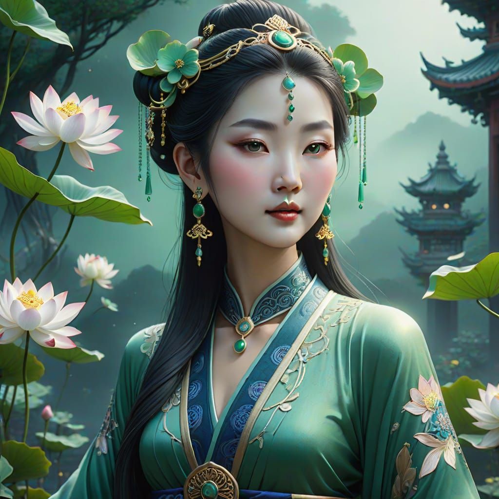 Serene Chinese Goddess in a Misty, Moonlit Garden