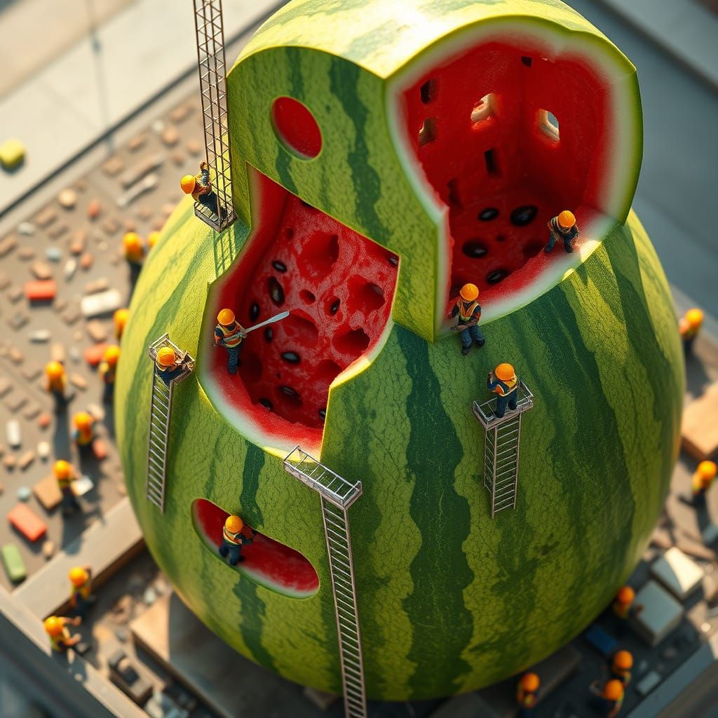 Miniature Construction Workers Shape Watermelon Skyscraper