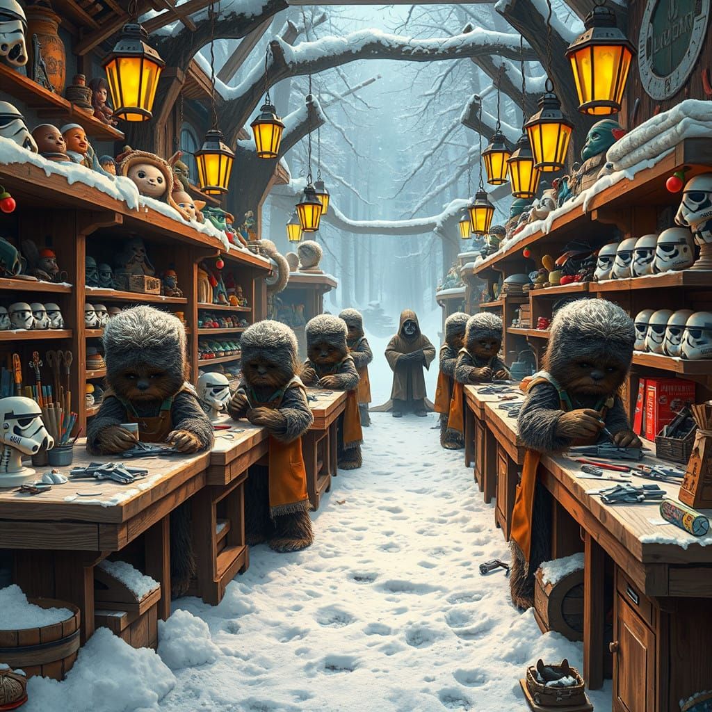 Surreal Wookiee Toy Makers in a Snowy Endor Workshop