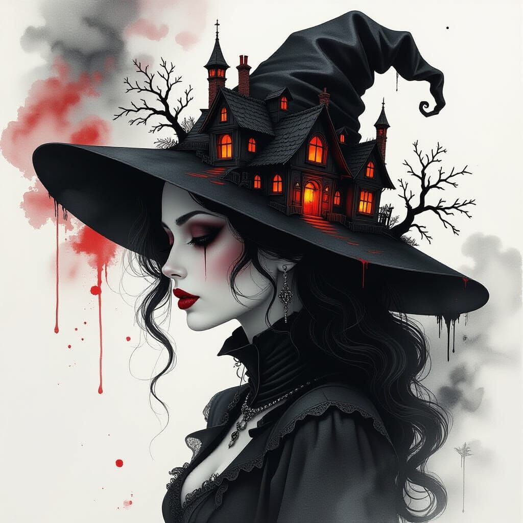 Surreal Gothic Portrait: Woman's Hat Becomes Tim Burton Vill...