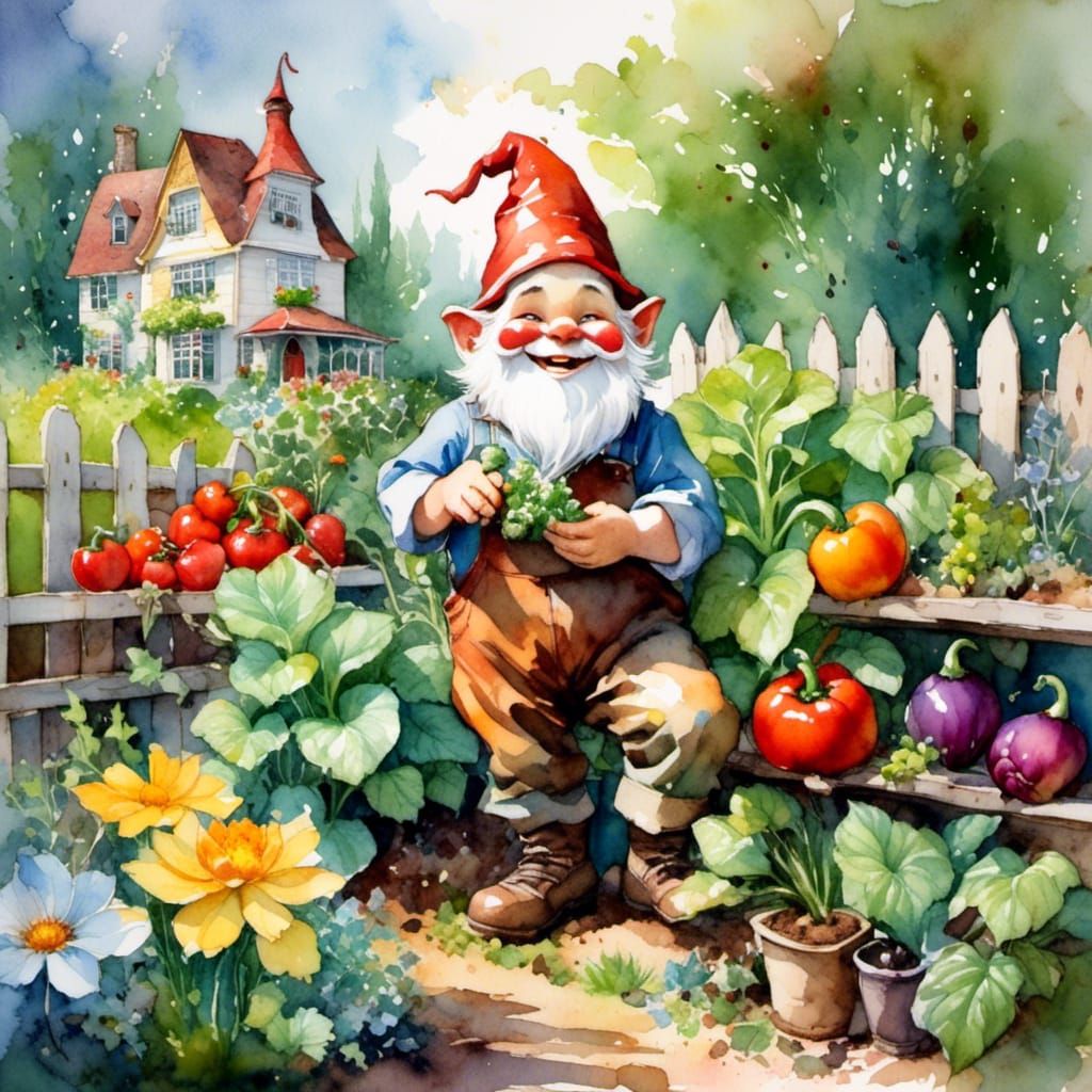 Smiling Gnome Gardener in Vegetable Garden