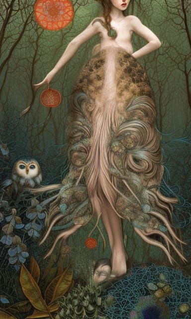 Owl-Human Hybrid in Mycelium Network, Detailed Art
